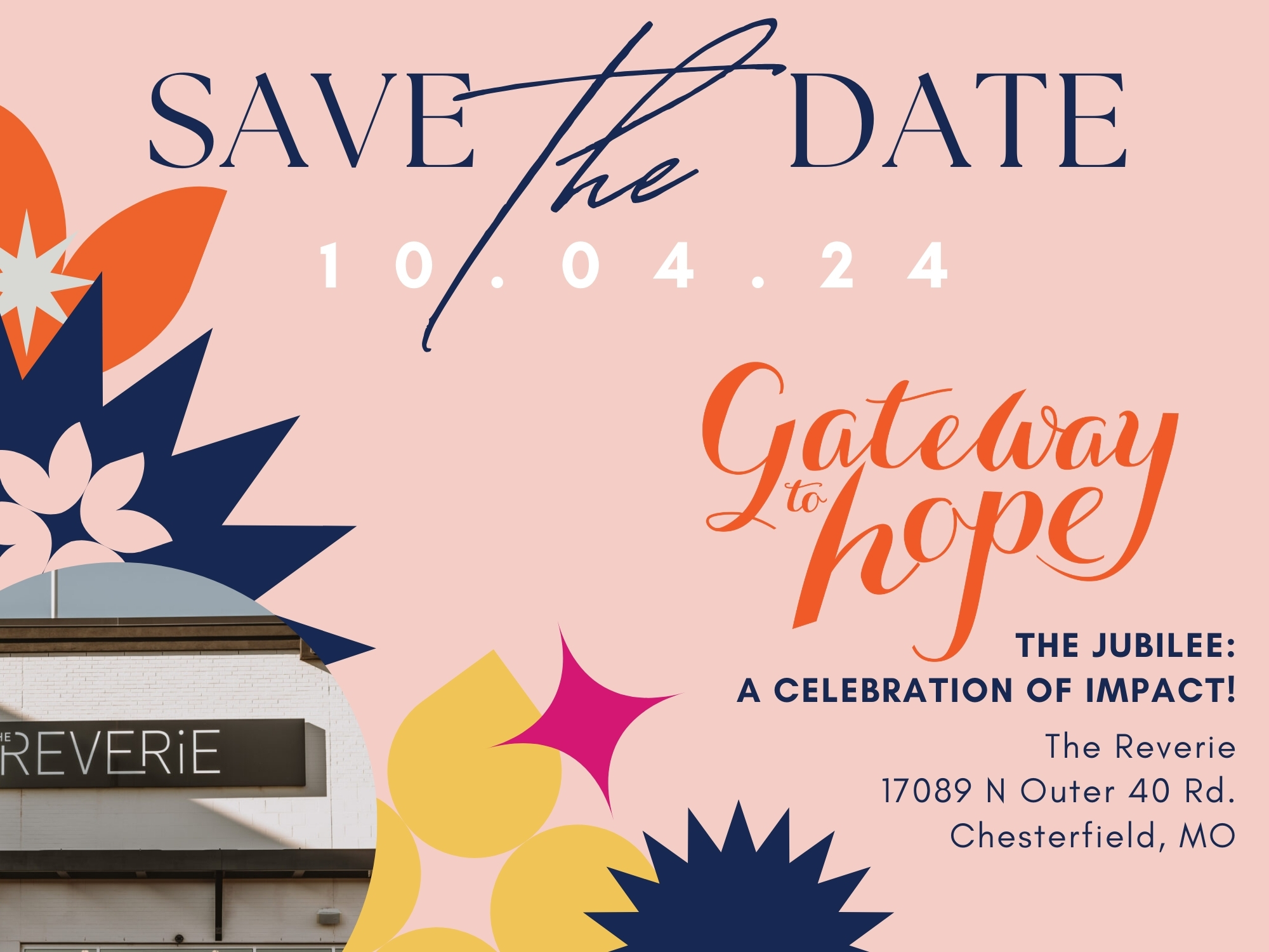 Save the Date card for Gateway to Hope's 2024 Jubilee - A Celebration of Impact