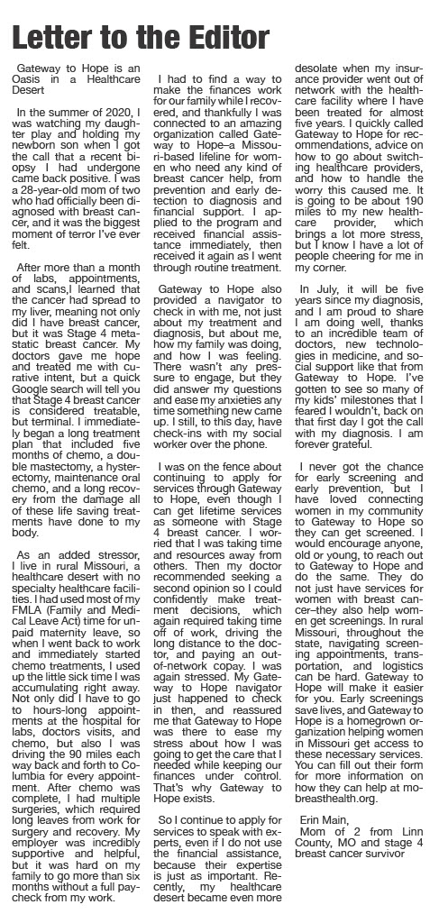 Image of the printed Letter to the Editor by Erin Main – Gateway to Hope is an Oasis in a Healthcare Desert.